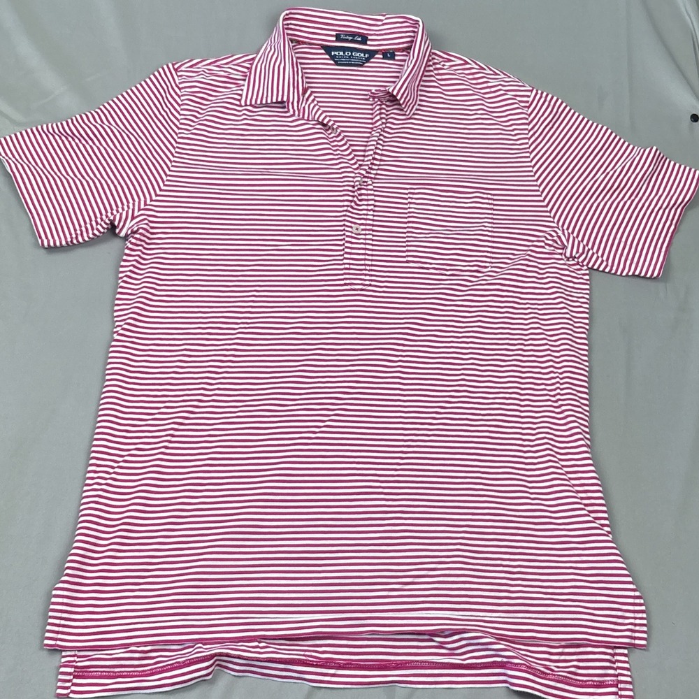 Polo Golf Ralph Lauren Large Polo Shirt Pink White Striped Vintage Lisle